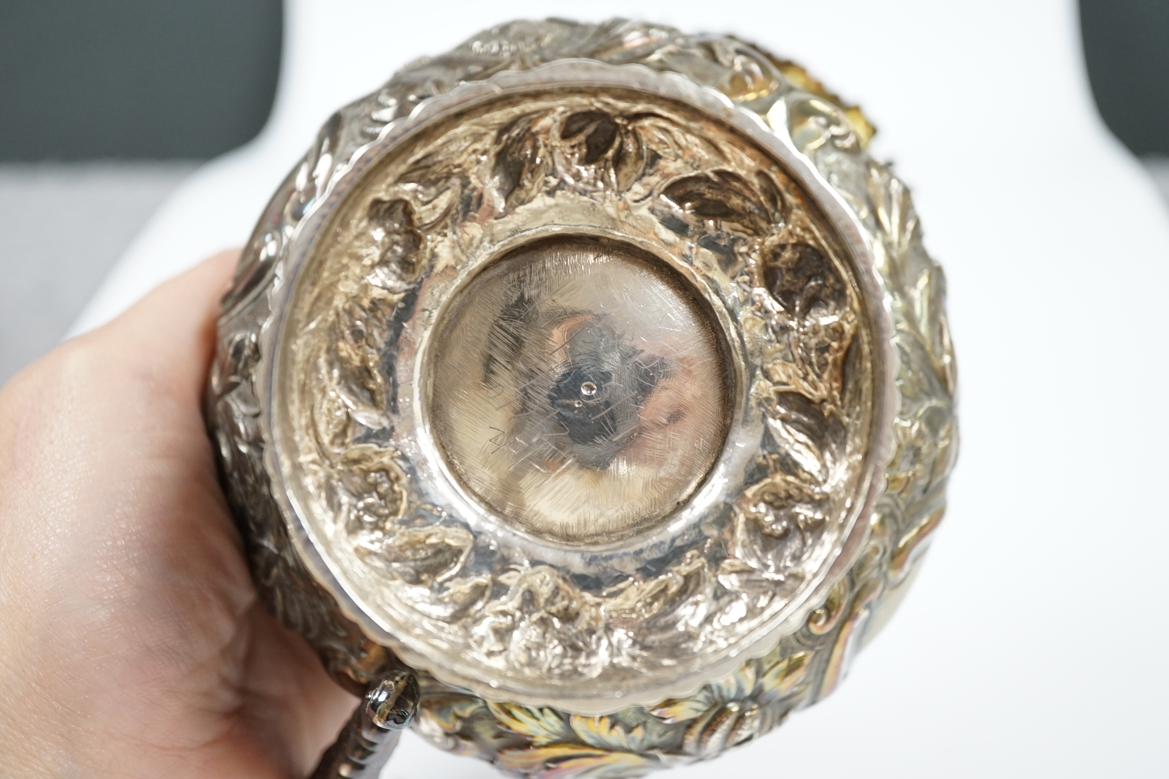 A George IV embossed silver milk jug, by Charles Fox, London, 1826, 11.5cm, 9.3oz. Condition - fair to good